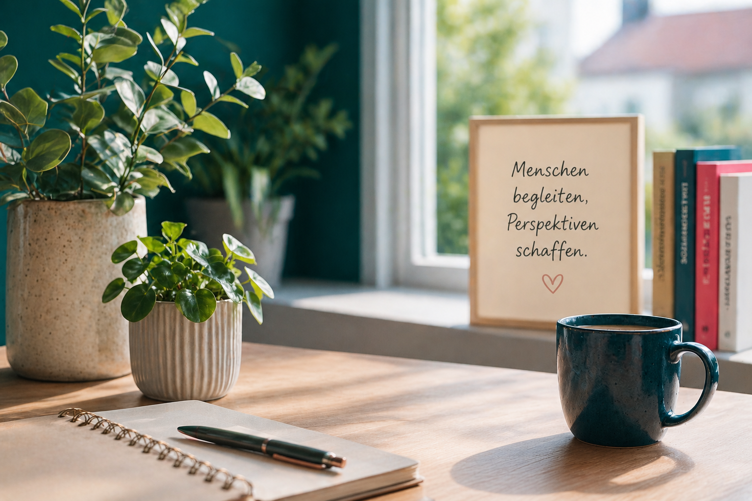 Das Bild zeigt ein Büro mit Pflanzen, Kaffeebecher, Notizzettel und einer Motto-Postkarte "Menschen begleiten. Perspektiven schaffen."